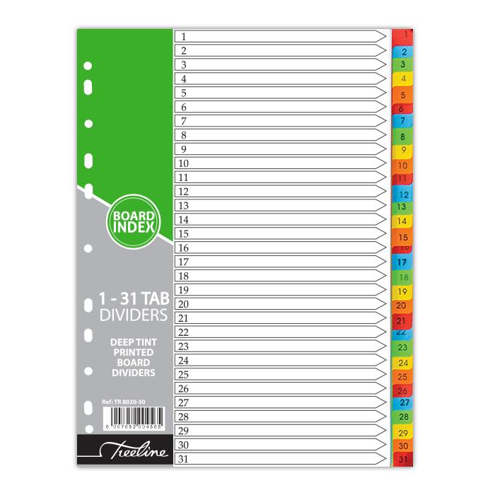 Treeline A4 Divider Board Numbered 1 to 31  1 - 31 Numbered Deep Tint Board Indices. 160gsm Board A4