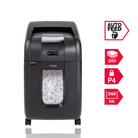 Rexel Auto+ 200X Shredder. Shreds up to 200 sheets automatically P-4 security, shreds an A4 sheet into 400 (4x40mm) cross cut pieces 32L bin holds 360 A4 sheets