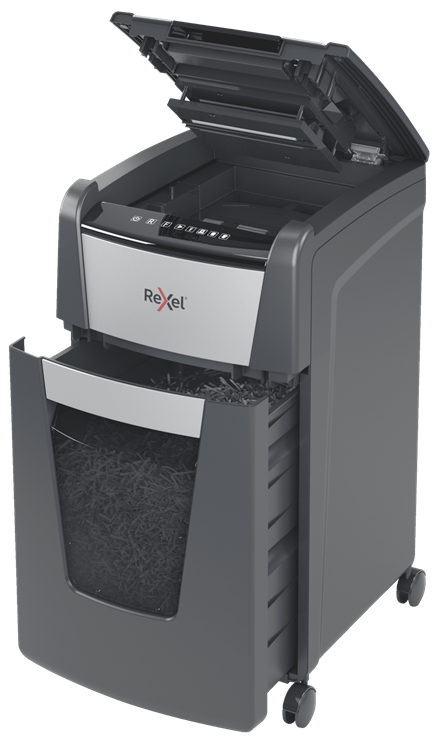 The Optimum AutoFeed+ 225X cross cut shredder automatically shreds up to 225x A4 sheets of paper (80gsm) at a time, into P-4 (4x25mm) cross cut pieces, featuring a 60L pull out bin. No need to manually feed paper, or remove staples and paper clips first