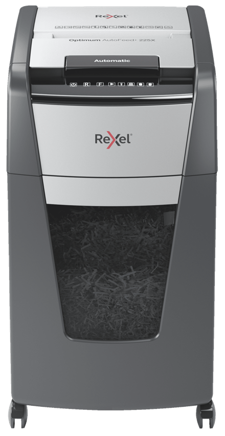 The Optimum AutoFeed+ 225X cross cut shredder automatically shreds up to 225x A4 sheets of paper (80gsm) at a time, into P-4 (4x25mm) cross cut pieces, featuring a 60L pull out bin. No need to manually feed paper, or remove staples and paper clips first
