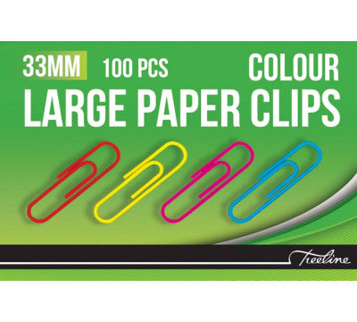 Treeline Paper Clips 33mm Coloured - PVC Coated 100s