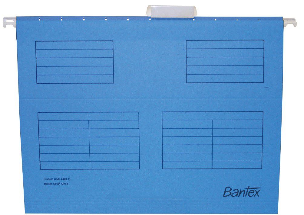 Bantex Suspension File A4 - B3460. A4 â€“ supplied, with tabs and inserts. Encapsulated coated rod, printed contents panel. Box gusset with file fastener slots.