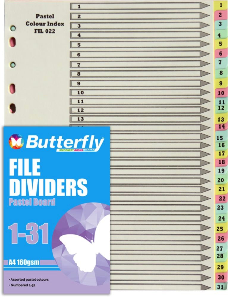 Butterfly 1-31 Divider Board - A4 PASTEL