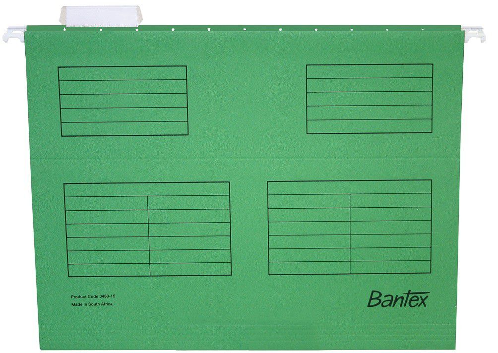 Bantex Suspension File A4 - B3460. A4 â€“ supplied, with tabs and inserts. Encapsulated coated rod, printed contents panel. Box gusset with file fastener slots.