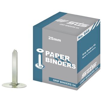 Grip Paper Binders are split pin fasteners with a washer that securely holds all your papers together The goal of the tin plated steel grip paper binder is to prevent tear â€“ outs of individual paper sheets Very easy to use Size: 19mm Colour: Silver