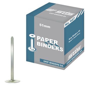 Grip Paper Binders are split pin fasteners with a washer that securely holds all your papers together The goal of the tin plated steel grip paper binder is to prevent tear â€“ outs of individual paper sheets Very easy to use Size: 19mm Colour: Silver