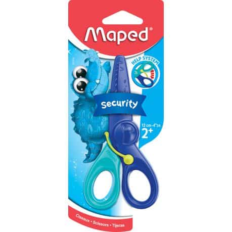 Maped Scissor KidiPulse -- 12cm. Early learning spring activated scissors to aid young children  Spring can be deactivated and the scissors used normally  Ultra Safe â€“ Blades will not cut hair, skin or clothing and will not conduct electricity  Cuts paper 80 to 160 g/M2  Ideal scissors for children aged 2+ years.
