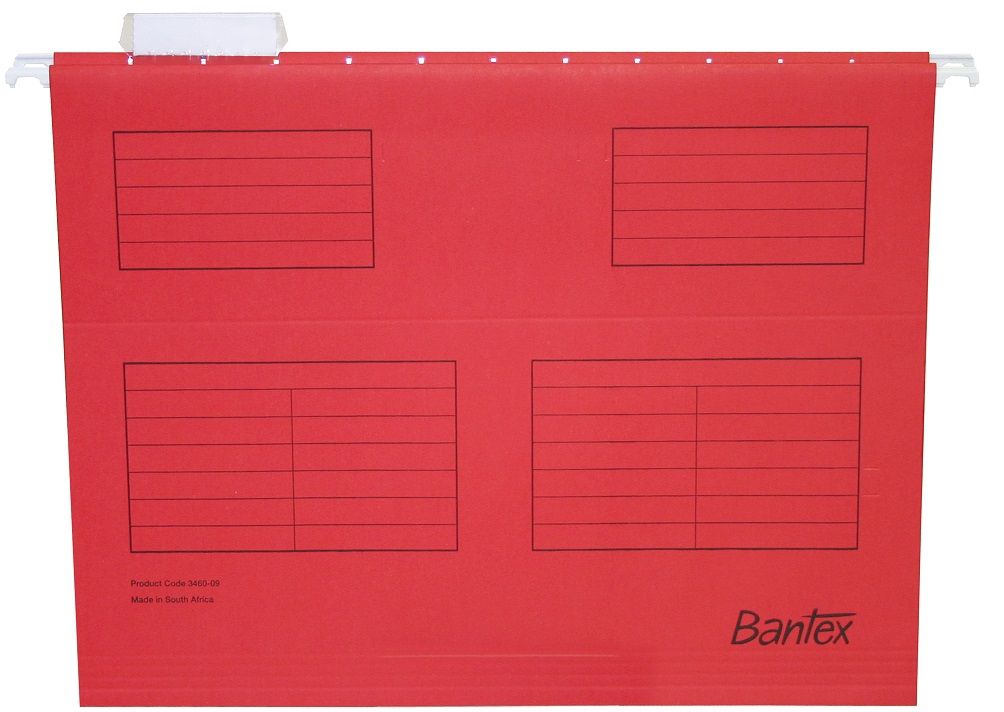 Bantex Suspension File A4 - B3460. A4 â€“ supplied, with tabs and inserts. Encapsulated coated rod, printed contents panel. Box gusset with file fastener slots.