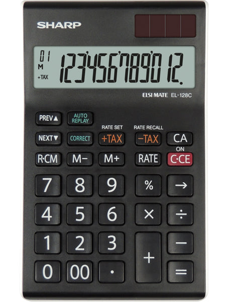 Sharp EL-128C Calculator - 12 Digit. 12 digit; check and correct function; add and subtract tax buttons; memory keys; slanted display; solar and battery powered; delete key.