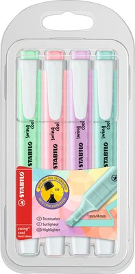 Non-slip, matt-finish grip zone and pocket size  STABILO Anti-Dry-Out technology: 4 hours dry-out protection for concentrated work  2 line widths: 1mm and 4mmStabilo Swing Cool Pastel Highlighter