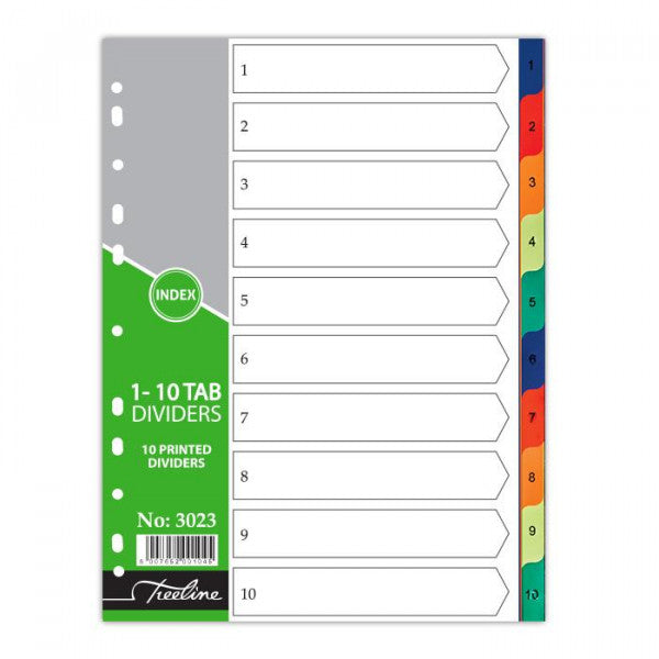 Treeline A4 Divider PVC Numbered Index 1-10 - Printed  A4 PVC Index Divider 1-10. Multi Punched to fit various arch files. Numbered Printed Index Tabs.