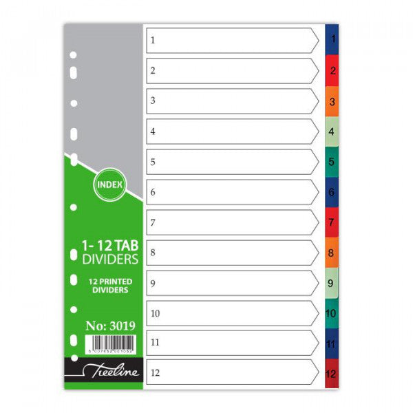 Treeline A4 Divider PVC Numbered Index 1-12 - Printed  A4 PVC Index Divider 1-12. Multi Punched to fit various arch files. Numbered Printed Index Tabs.