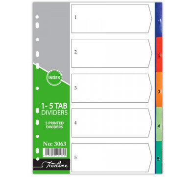 Treeline A4 Divider PVC Numbered Index 1-5 - Printed  A4 PVC Index Divider 1-5. Multi Punched to fit various arch files.