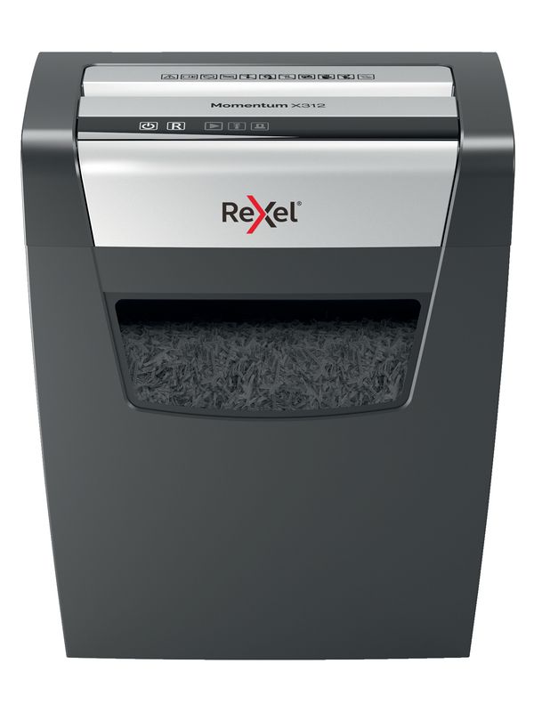 The Momentum X312 paper shredder shreds up to 12 sheets (80 gsm) in to P-3 (5x42mm) cross cut pieces, with a 23L bin which holds 200 A4 sheets.