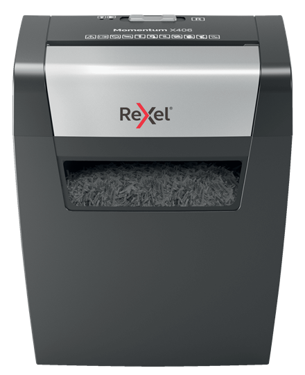 The Momentum X406 paper shredder shreds up to 6 sheets (80 gsm) in to P-4 (4x28mm) cross cut pieces, with a 15L bin which holds 125 A4 sheets.