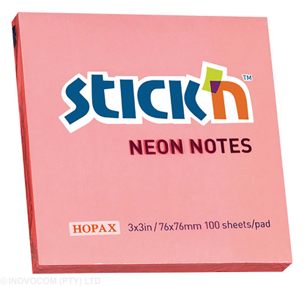 Stick 'n Notes 76mm x 76mm self adhesive post it notes, removable notes. 100 sheets per pad
