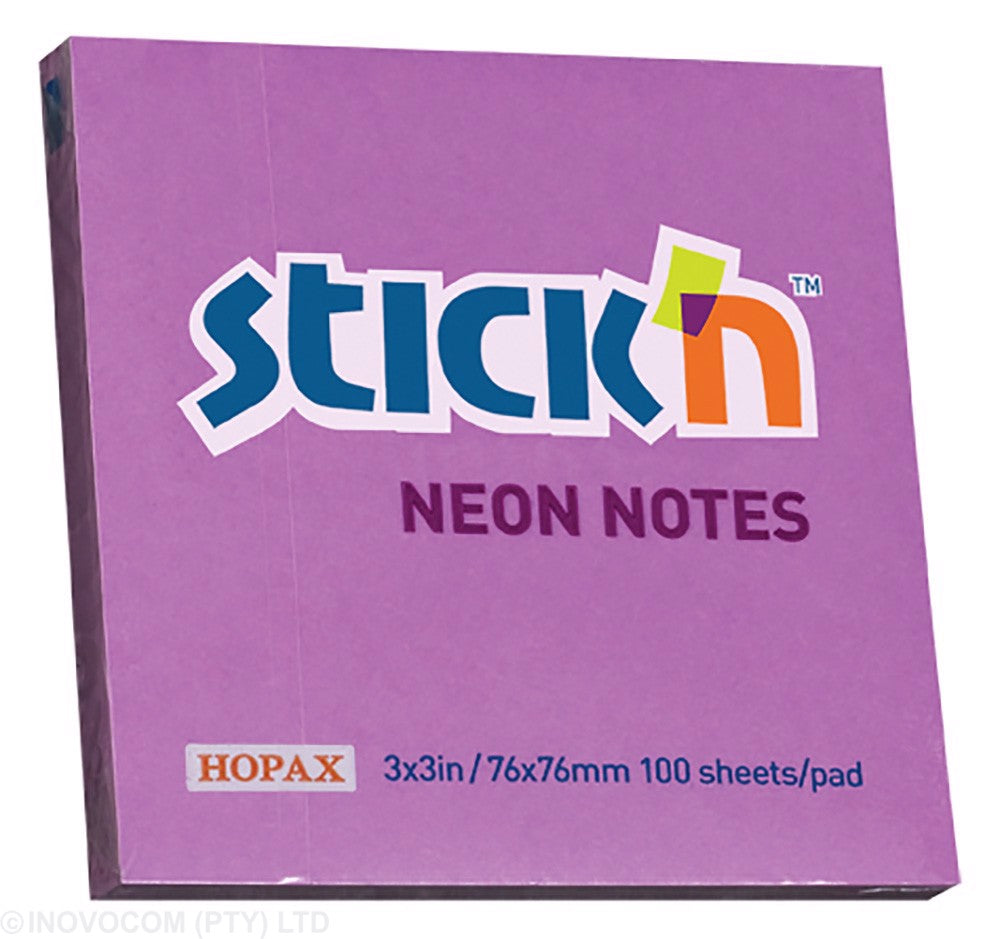 Stick 'n Notes 76mm x 76mm self adhesive post it notes, removable notes. 100 sheets per pad