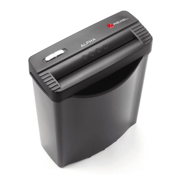 Rexel Alpha Ribbon Shredder. Shredder takes 5 sheets at a time and has a 10 litre bin which is easy to empty as the head simply lifts off.  Type: Manual feed Cut type: Strip cut Shred size: 7.2mm