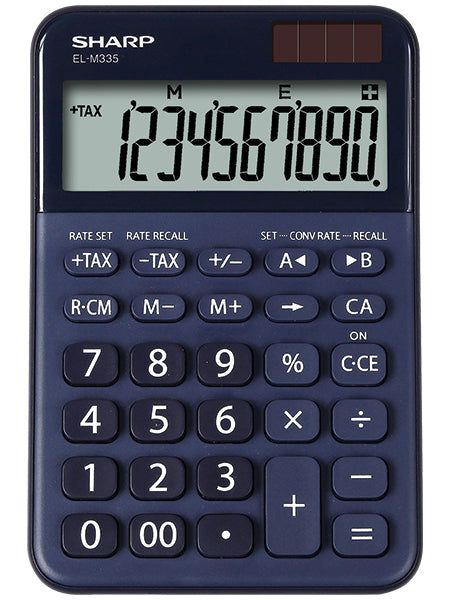 New stylish calculator with large 10-digit display, dual power, plastic keys, +TAX/-TAX functions and currency conversion.. Sharp Calculator EL-M335 - 10-Digit