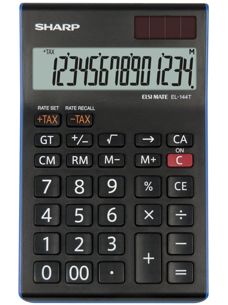 The Sharp EL-144T basic features:  14 digit Tax function 3 digit punctuation Twin power