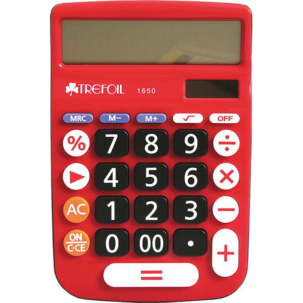 Trefoil 1650 Desktop Calculator Red - 12 Digit. - Dual Power - Large Buttons - Auto Power Off - 3 Key Memory